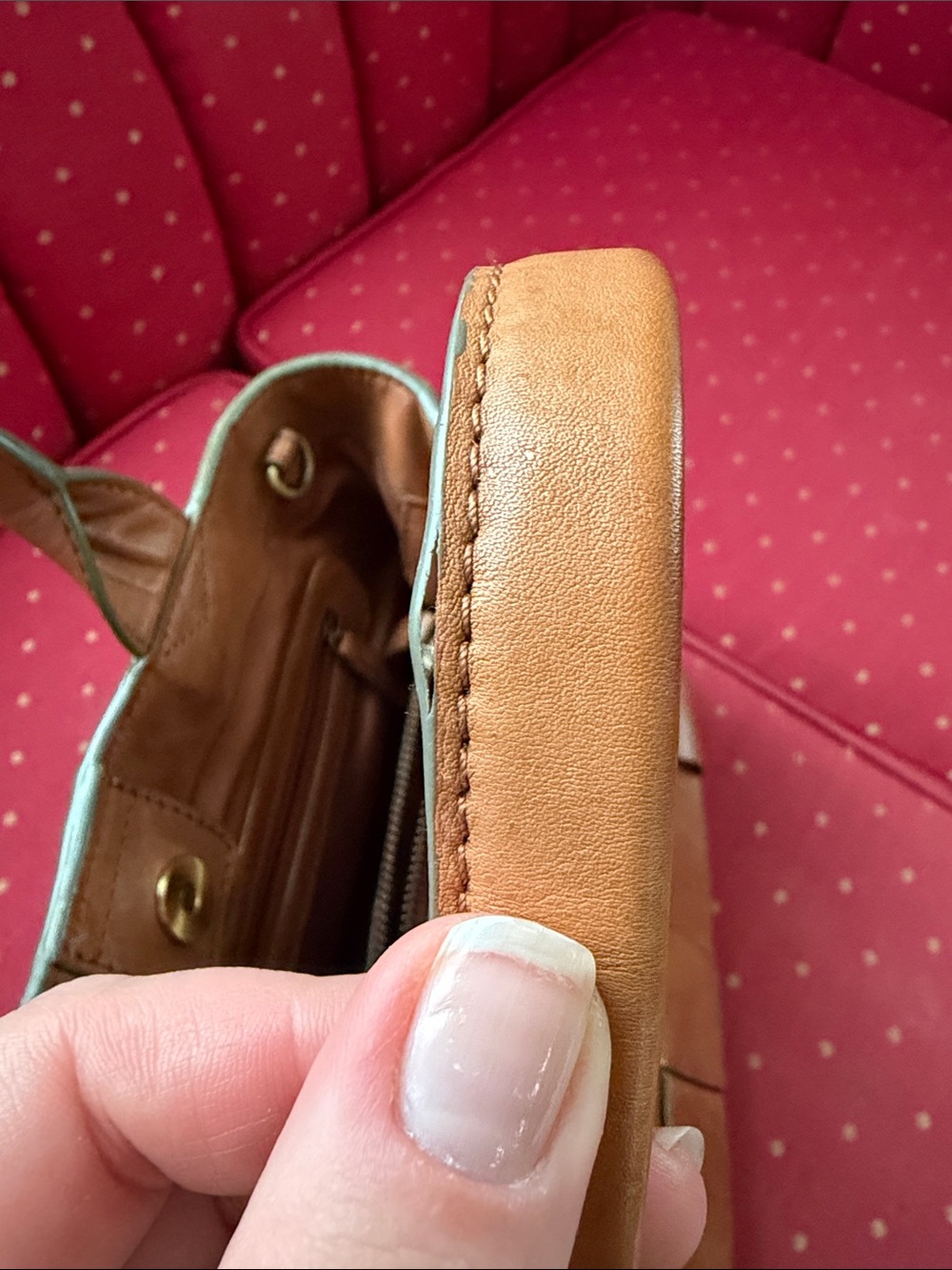 Woven Leather Satchel Handbag in Tan - Picture 7 of 8